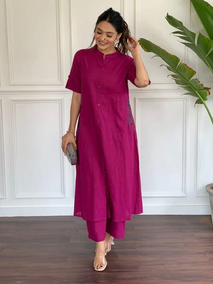Premium South Cotton A-Line Kurta Set with Hand Embroidery
