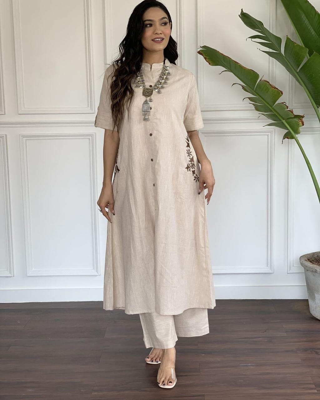 Premium South Cotton A-Line Kurta Set with Hand Embroidery