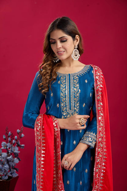 Blue and Silver Salwar Kameez With Red Dupatta