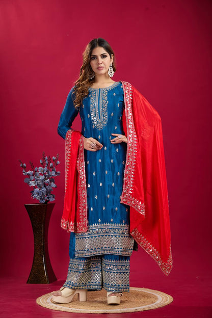 Blue and Silver Salwar Kameez With Red Dupatta