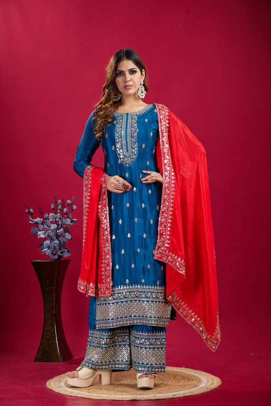 Blue and Silver Salwar Kameez With Red Dupatta