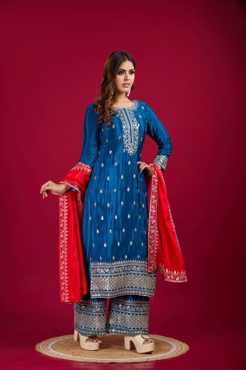 Blue and Silver Salwar Kameez With Red Dupatta
