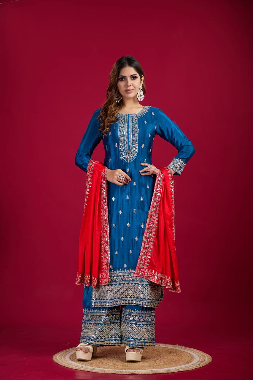 Blue and Silver Salwar Kameez With Red Dupatta