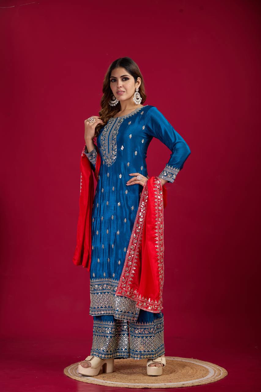 Blue and Silver Salwar Kameez With Red Dupatta