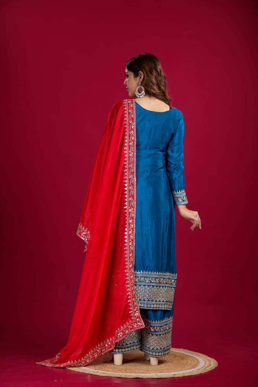 Blue and Silver Salwar Kameez With Red Dupatta