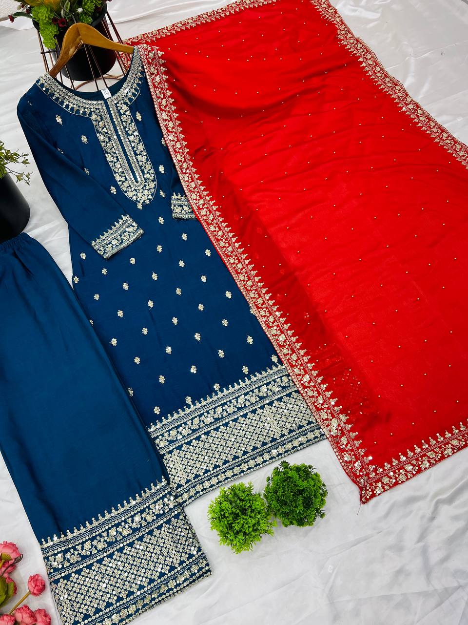 Blue and Silver Salwar Kameez With Red Dupatta