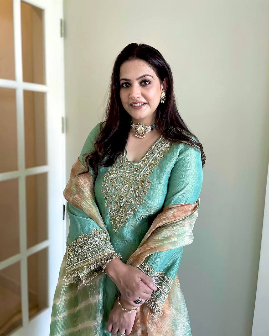 Mint Green Salwar Kameez With Gold Embroidery