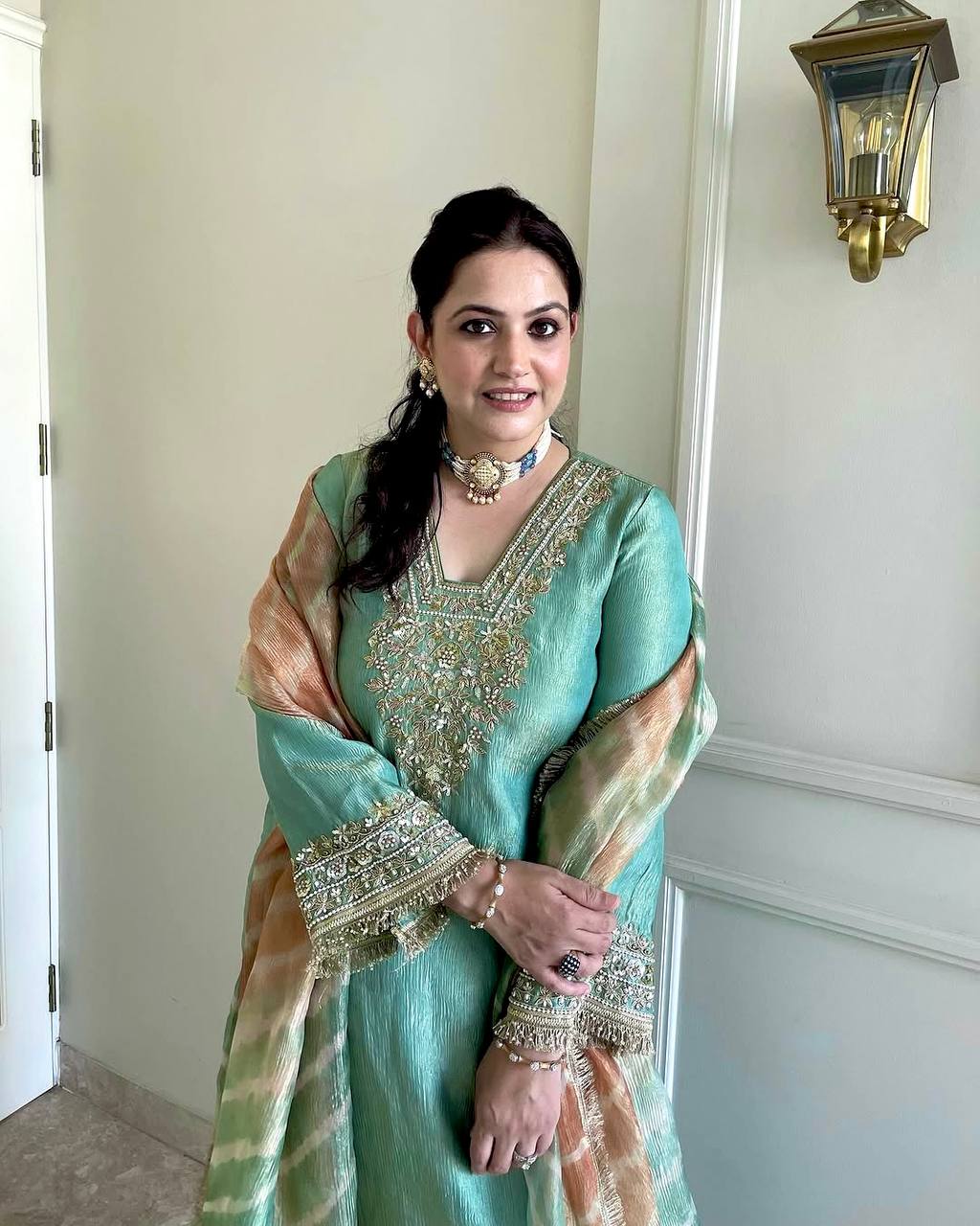 Mint Green Salwar Kameez With Gold Embroidery