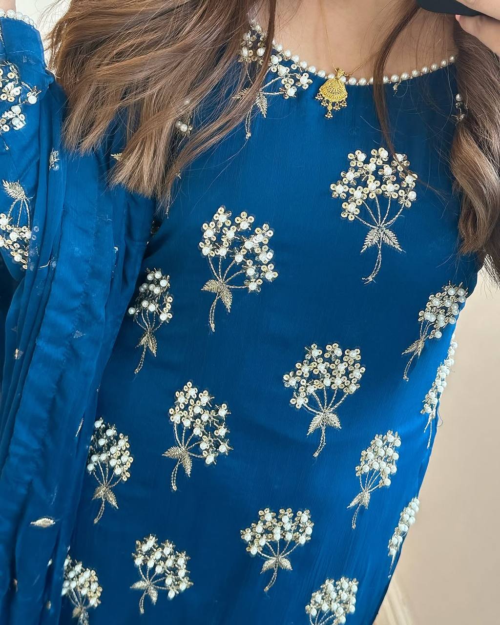 Elegant Designer Long Top, Pant, and Dupatta Set with Heavy Embroidery