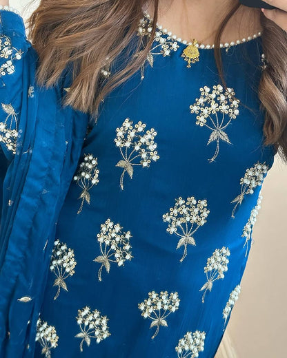 Elegant Designer Long Top, Pant, and Dupatta Set with Heavy Embroidery