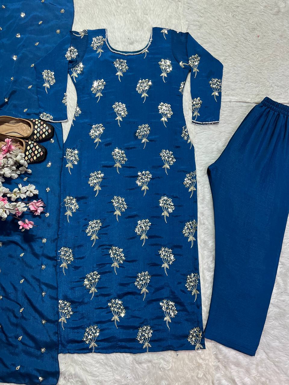 Elegant Designer Long Top, Pant, and Dupatta Set with Heavy Embroidery