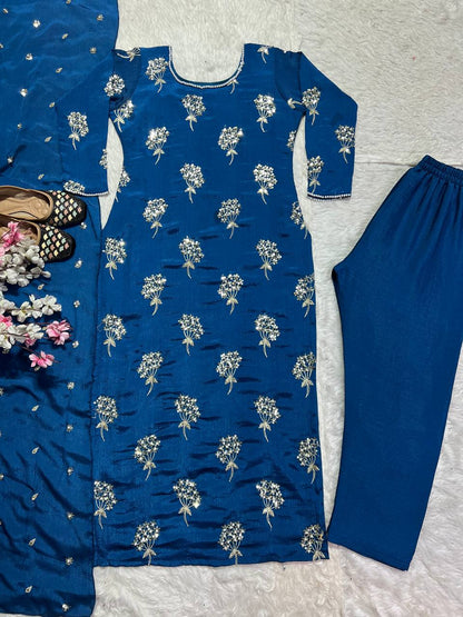 Elegant Designer Long Top, Pant, and Dupatta Set with Heavy Embroidery