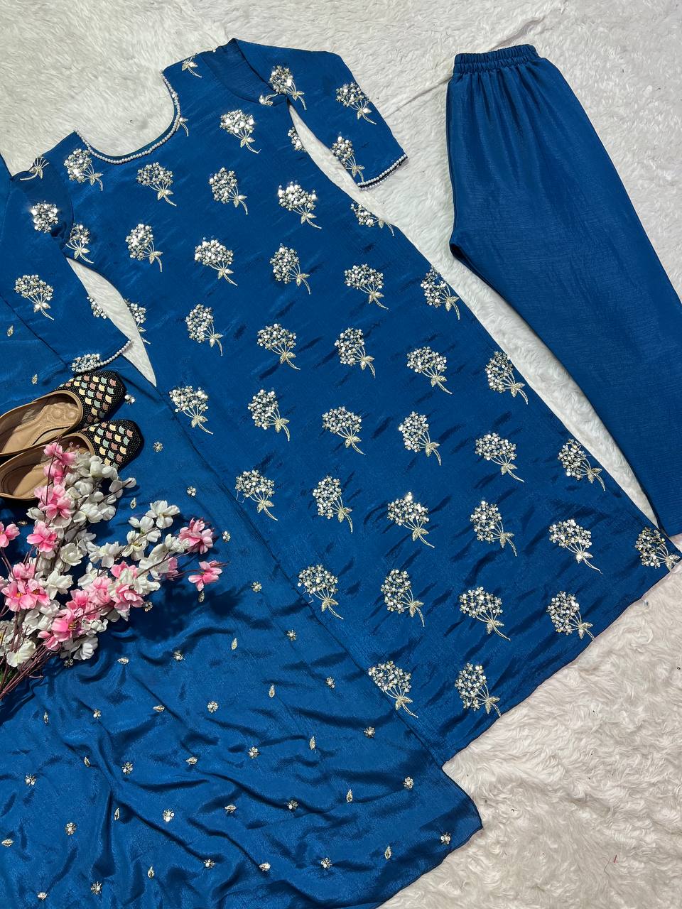 Elegant Designer Long Top, Pant, and Dupatta Set with Heavy Embroidery