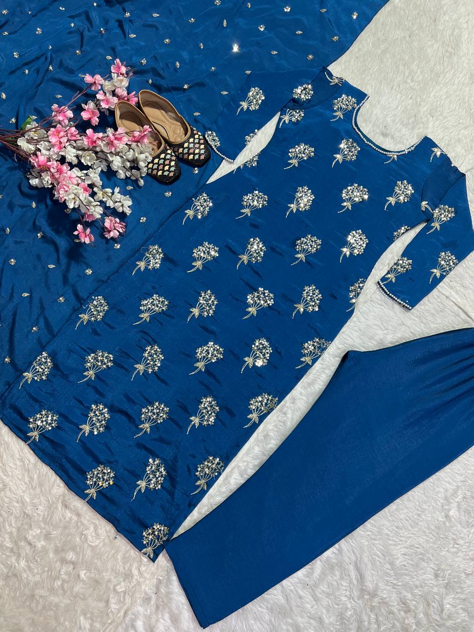 Elegant Designer Long Top, Pant, and Dupatta Set with Heavy Embroidery