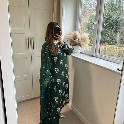 Elegant Designer Long Top, Pant, and Dupatta Set with Heavy Embroidery