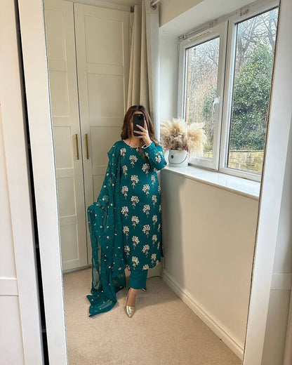 Elegant Designer Long Top, Pant, and Dupatta Set with Heavy Embroidery