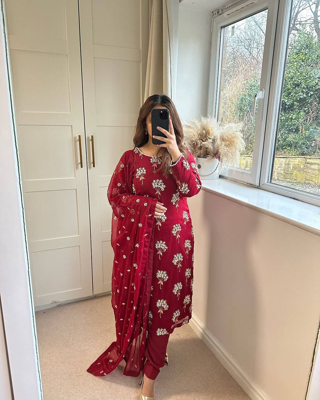 Elegant Designer Long Top, Pant, and Dupatta Set with Heavy Embroidery