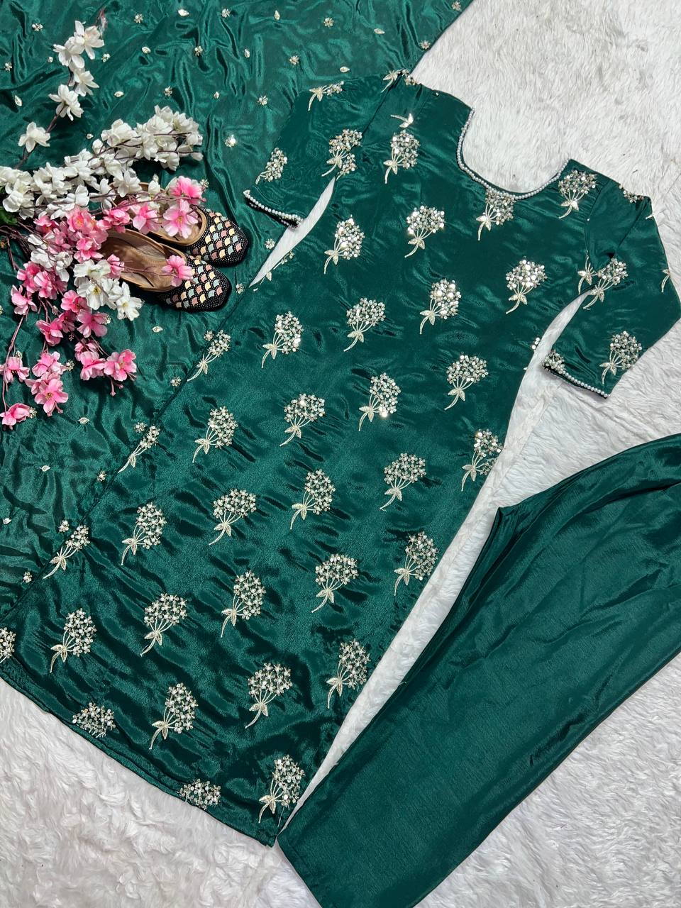 Elegant Designer Long Top, Pant, and Dupatta Set with Heavy Embroidery