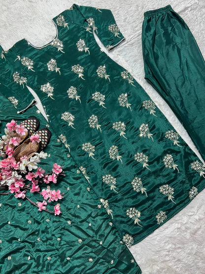 Elegant Designer Long Top, Pant, and Dupatta Set with Heavy Embroidery
