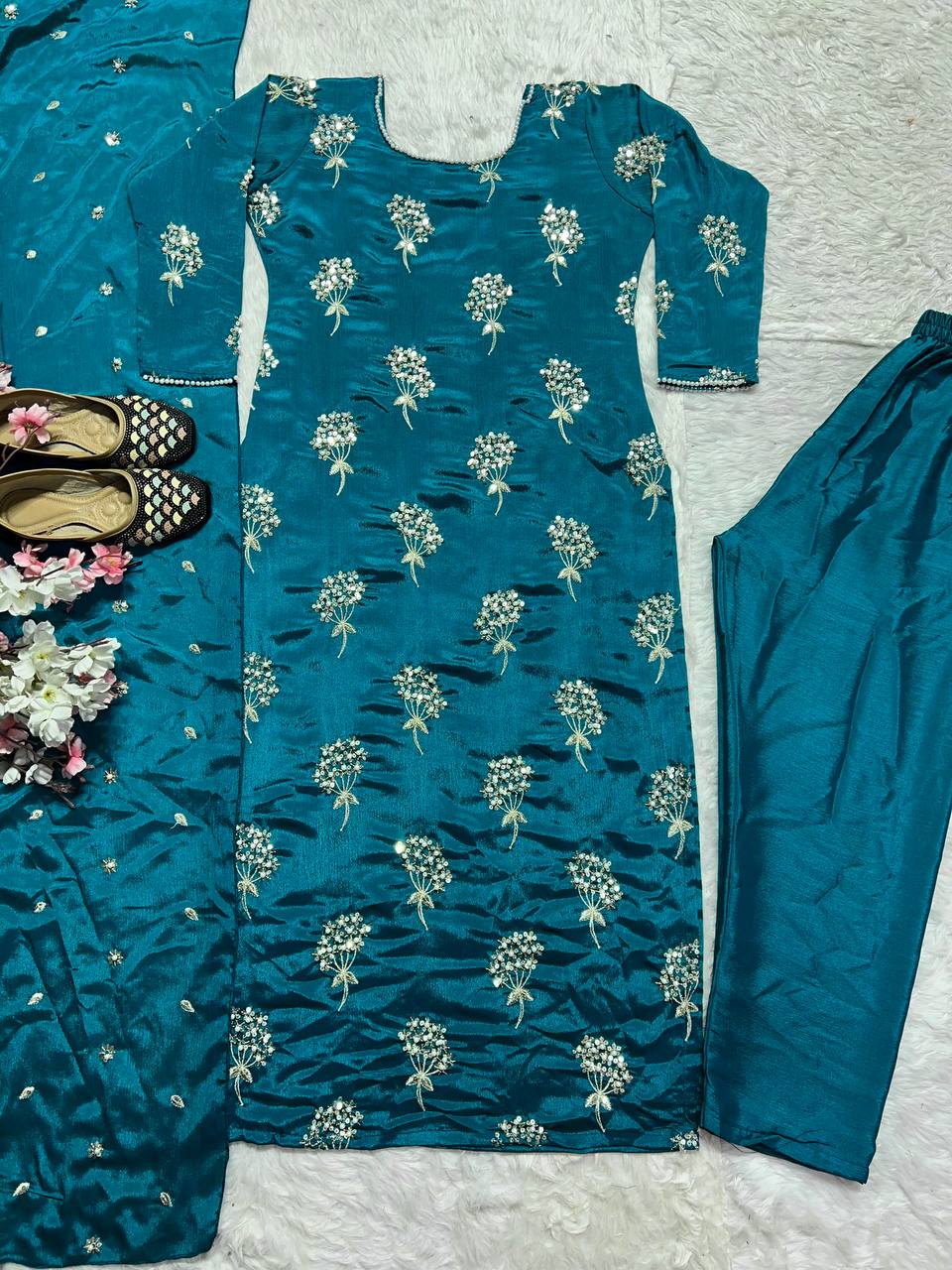 Elegant Designer Long Top, Pant, and Dupatta Set with Heavy Embroidery
