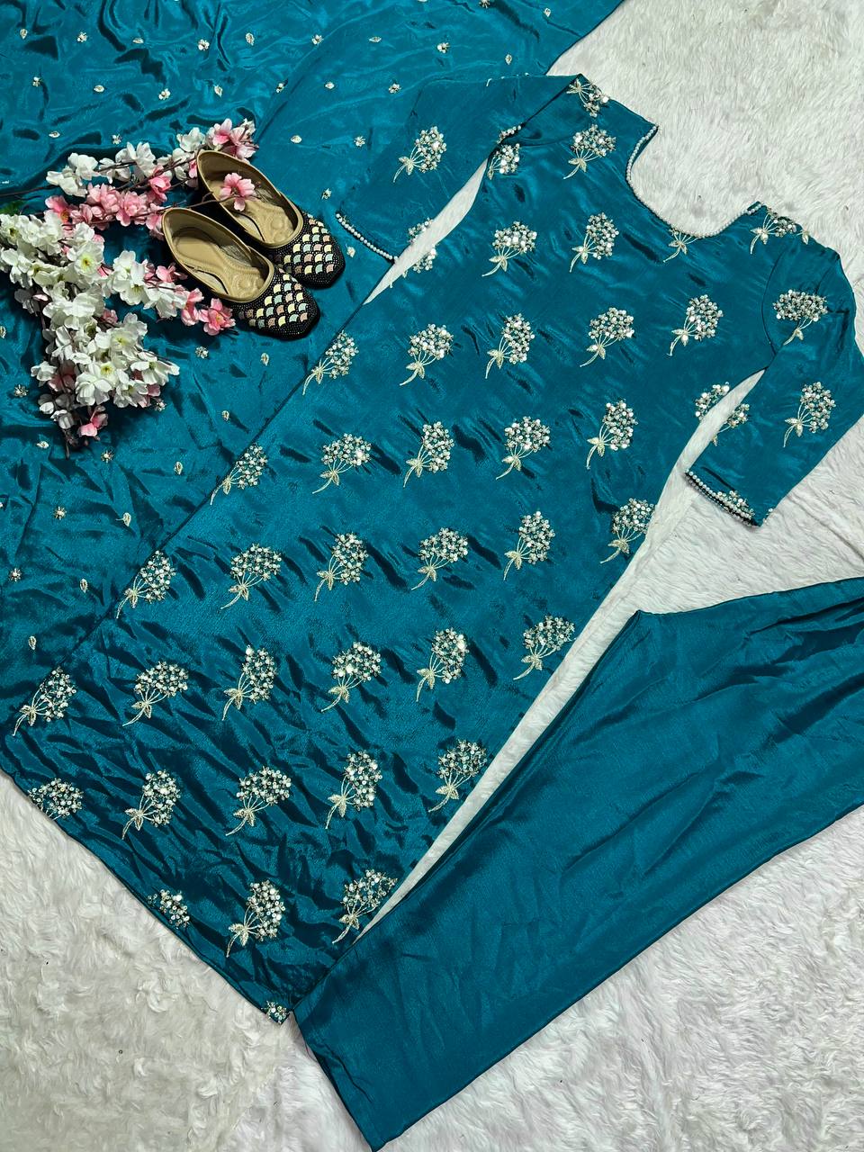 Elegant Designer Long Top, Pant, and Dupatta Set with Heavy Embroidery
