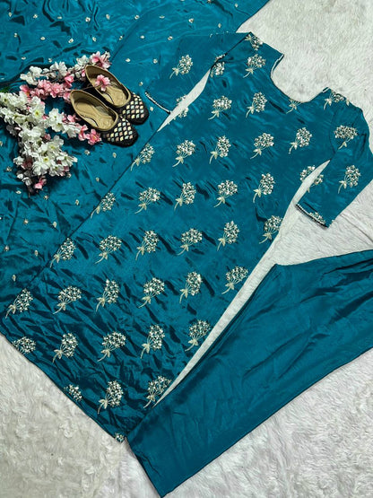 Elegant Designer Long Top, Pant, and Dupatta Set with Heavy Embroidery