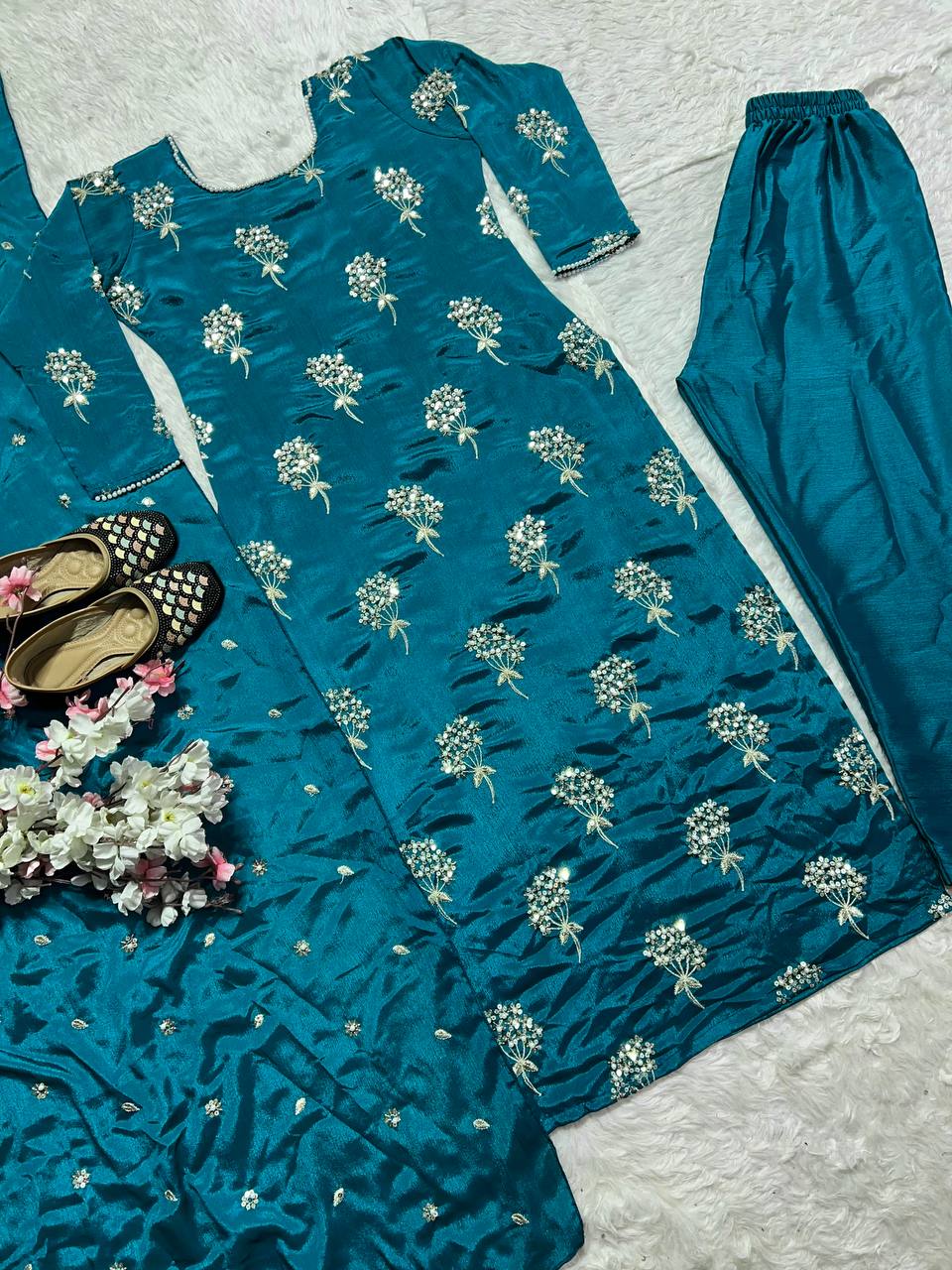 Elegant Designer Long Top, Pant, and Dupatta Set with Heavy Embroidery