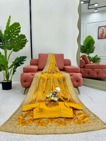Mustard Yellow Saree With Gold Embroidered Border