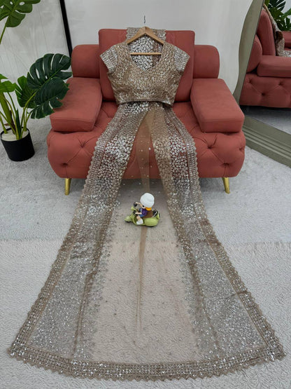 Brown Sequined Saree With Lace Trim