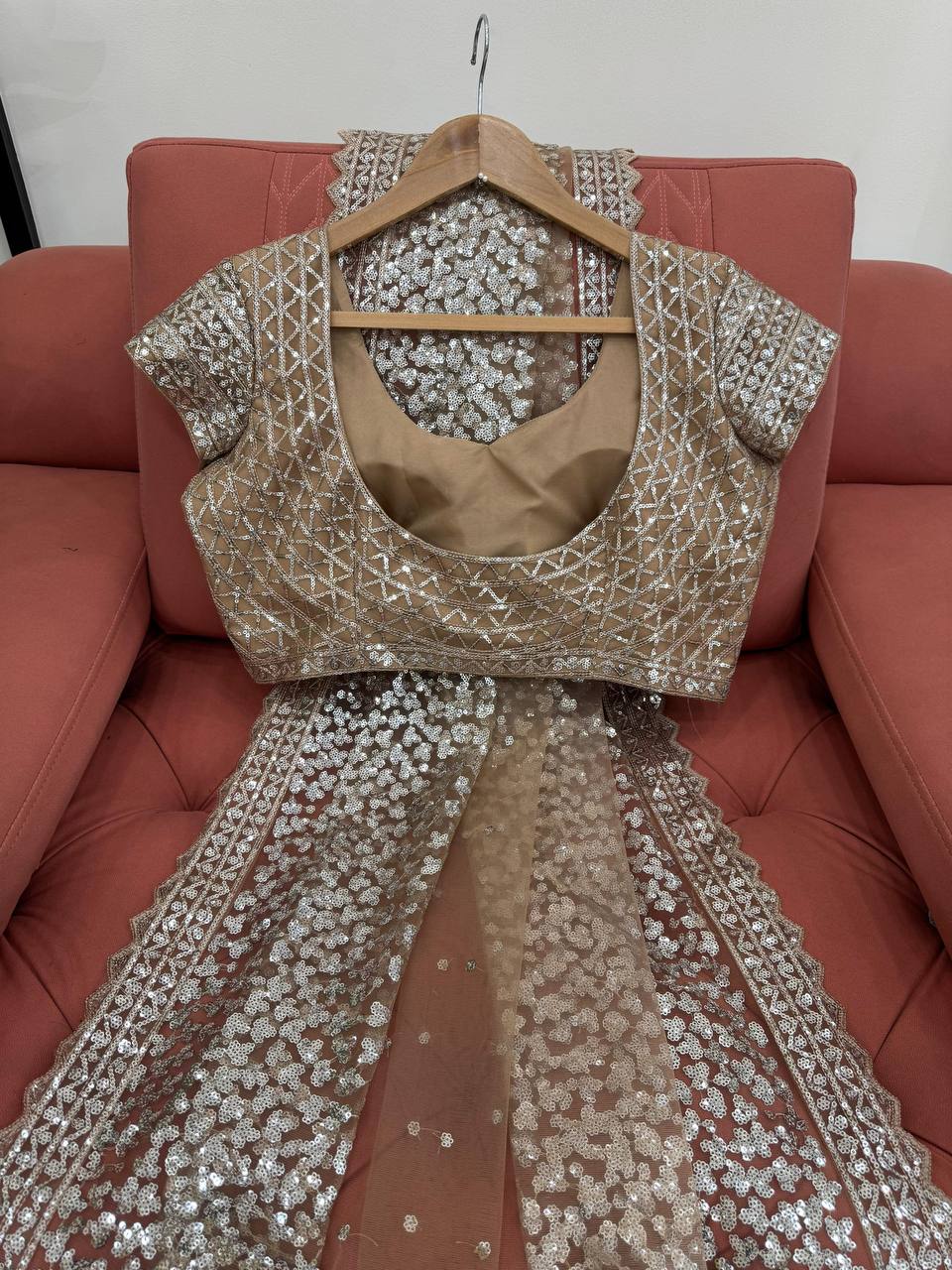 Brown Sequined Saree With Lace Trim