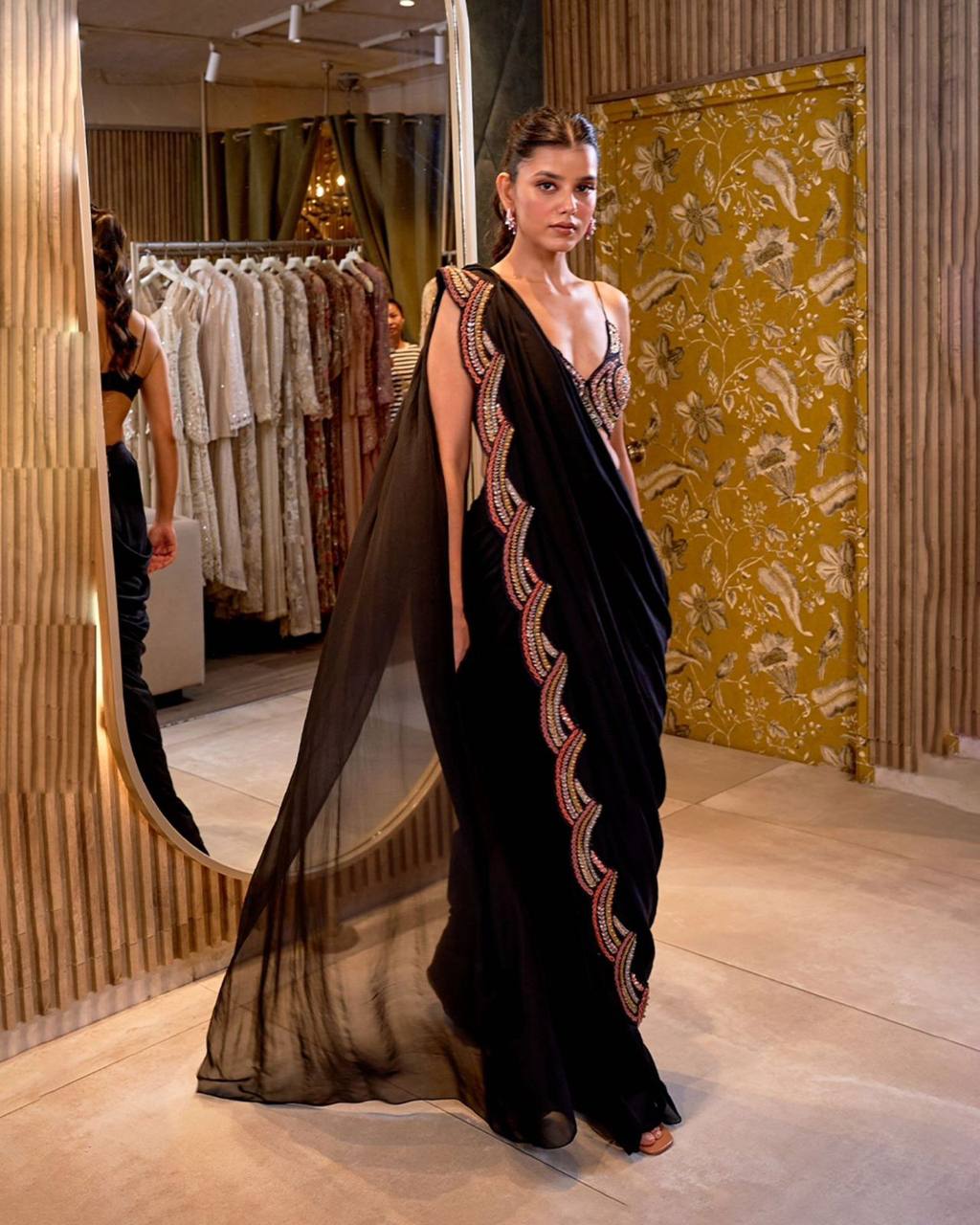 Black Embroidered Saree With Matching Crop Top