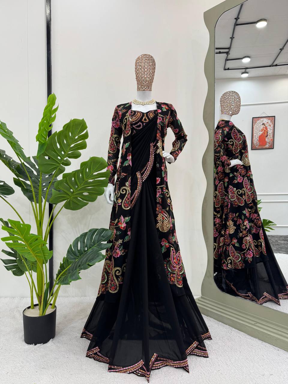 Black Embroidered Saree With Matching Crop Top