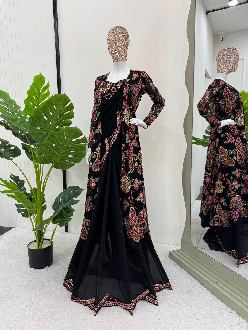 Black Embroidered Saree With Matching Crop Top