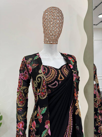 Black Embroidered Saree With Matching Crop Top