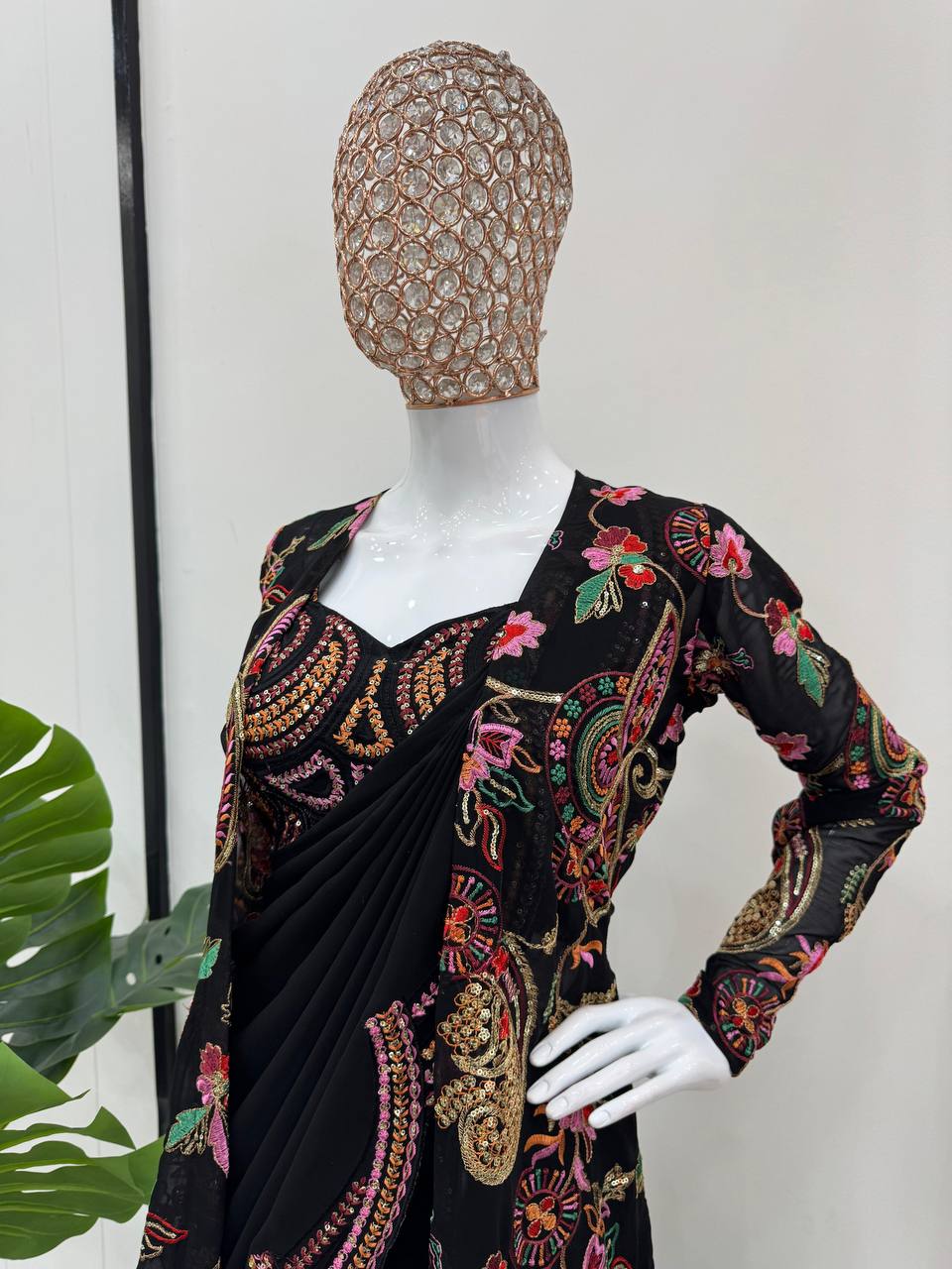 Black Embroidered Saree With Matching Crop Top