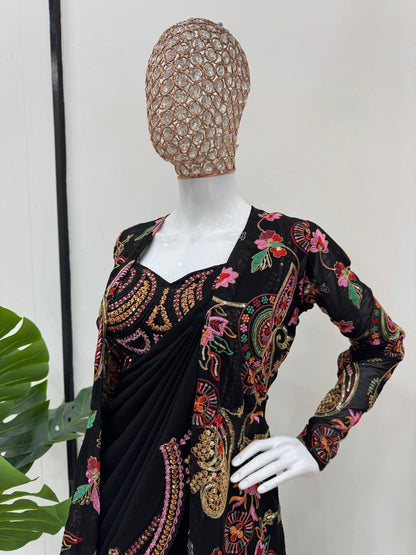Black Embroidered Saree With Matching Crop Top
