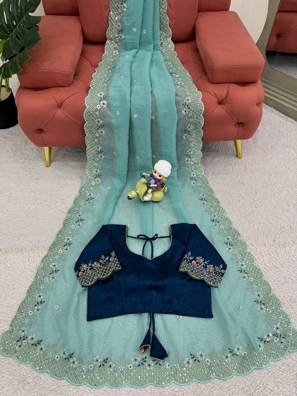 Teal Suit With Floral Embellishments