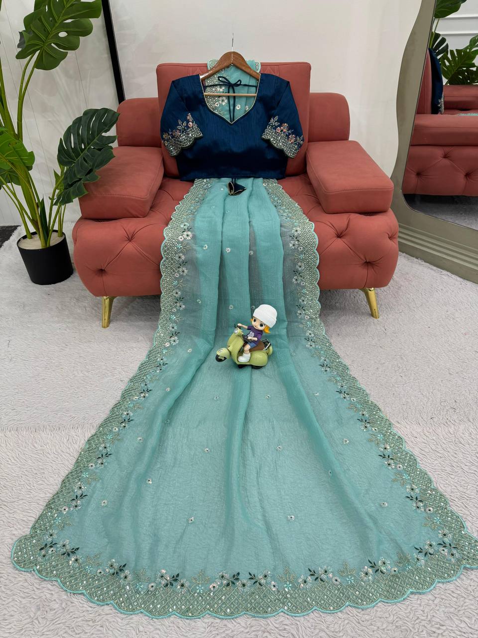 Teal Suit With Floral Embellishments