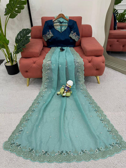 Teal Suit With Floral Embellishments