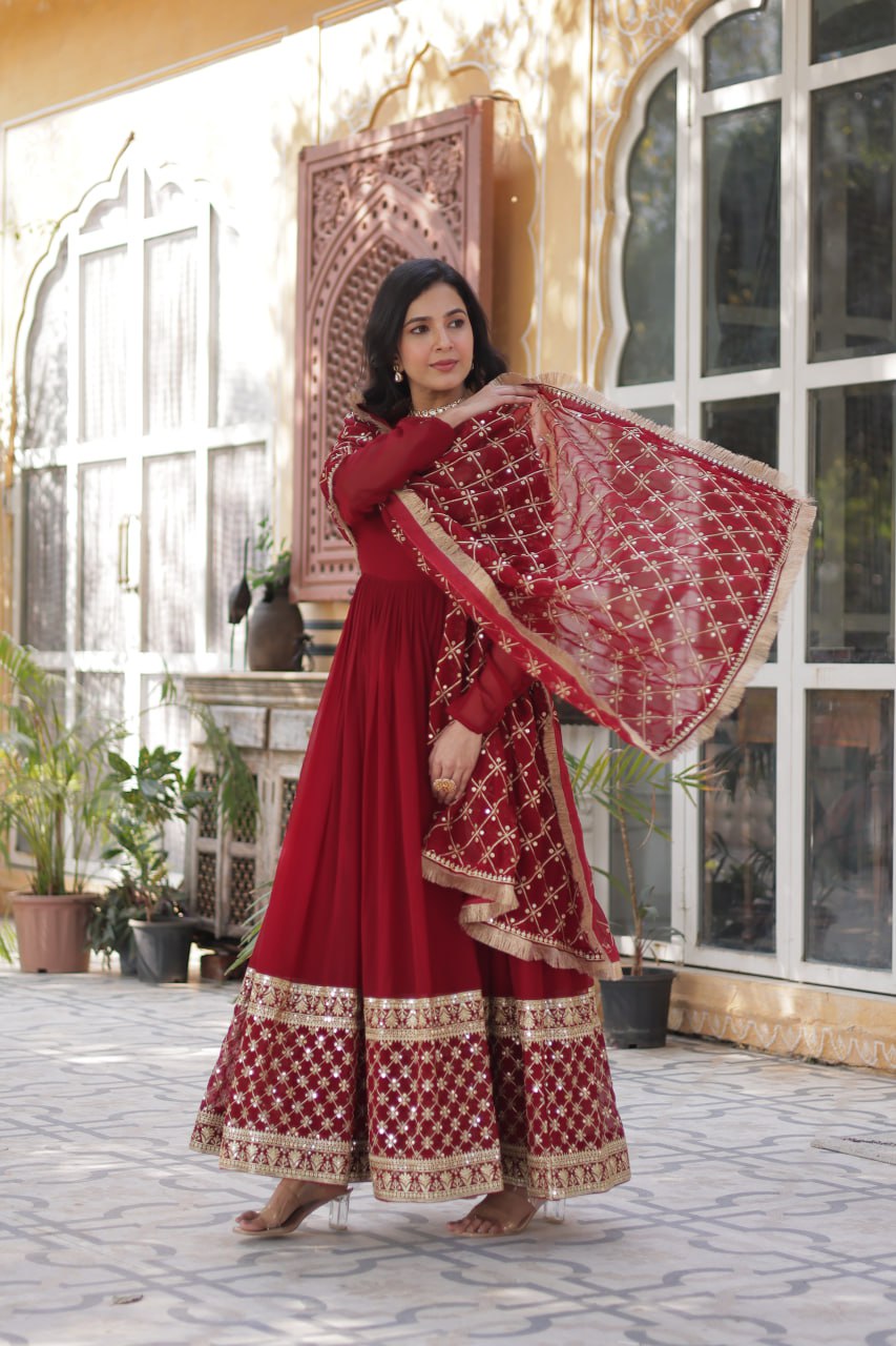 Red Festive Embroidered Suit