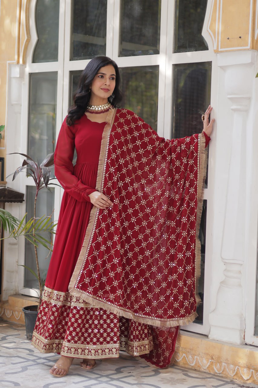 Red Festive Embroidered Suit