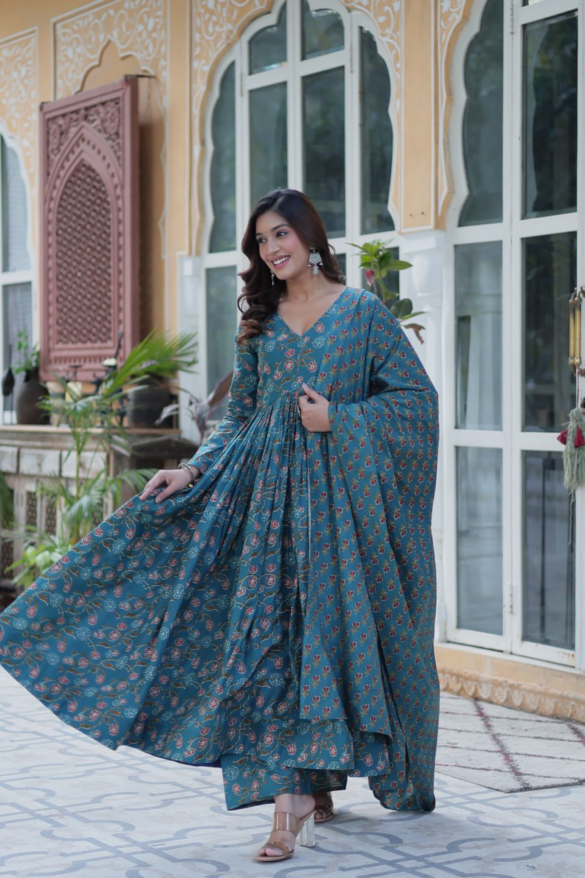Teal Blossom Kurta Set