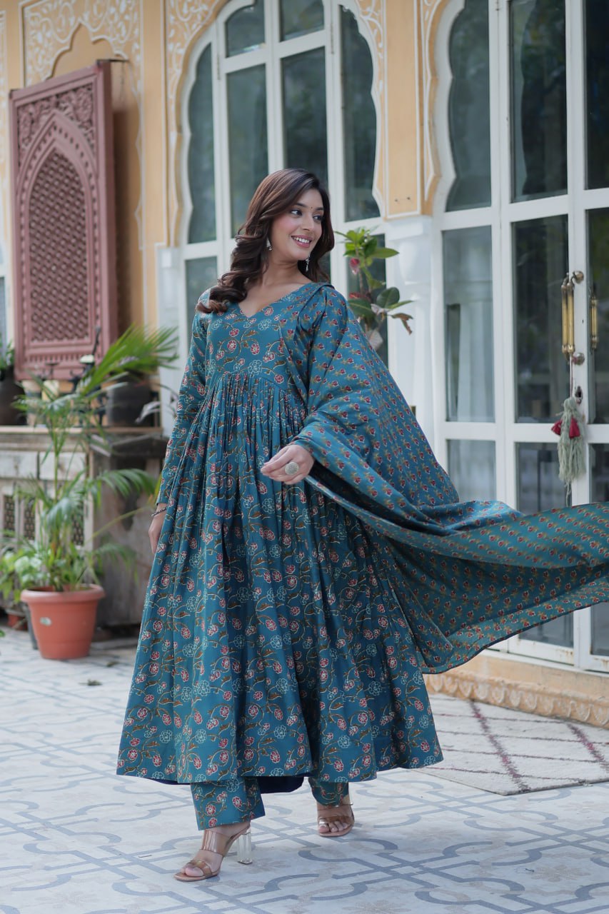 Teal Blossom Kurta Set