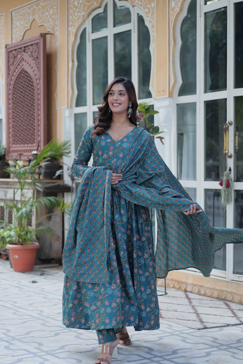 Teal Blossom Kurta Set