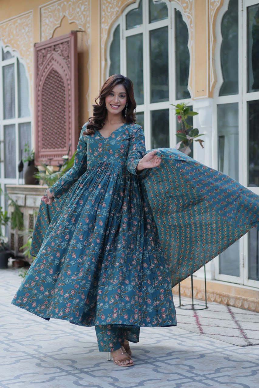 Teal Blossom Kurta Set