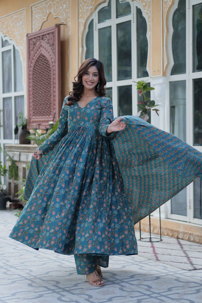 Teal Blossom Kurta Set