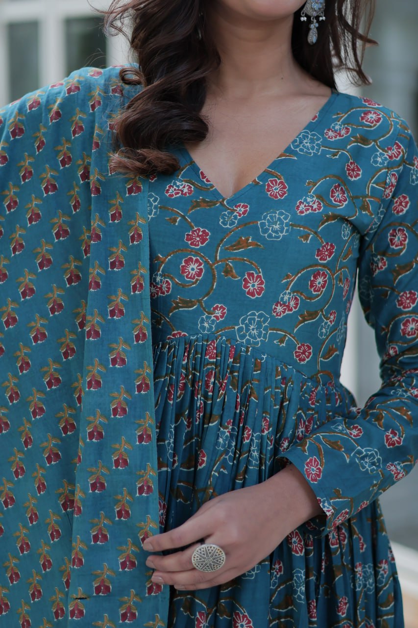 Teal Blossom Kurta Set