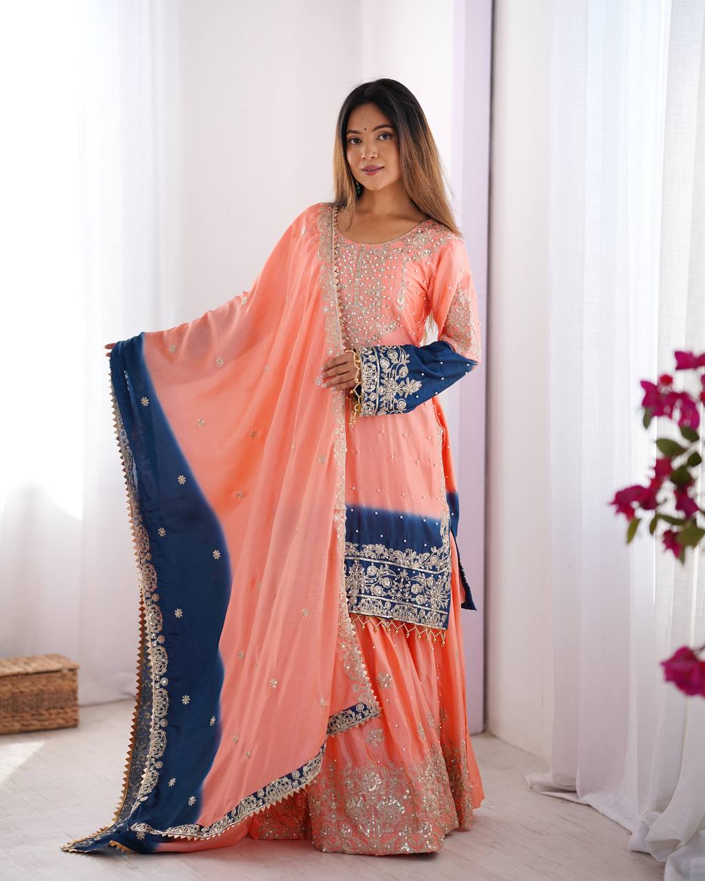 Peach Embroidered Salwar Kameez With Navy Accents
