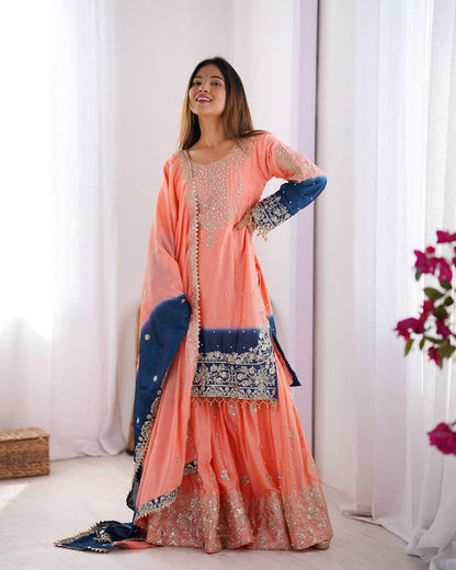 Peach Embroidered Salwar Kameez With Navy Accents