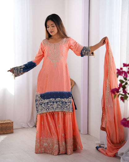 Peach Embroidered Salwar Kameez With Navy Accents
